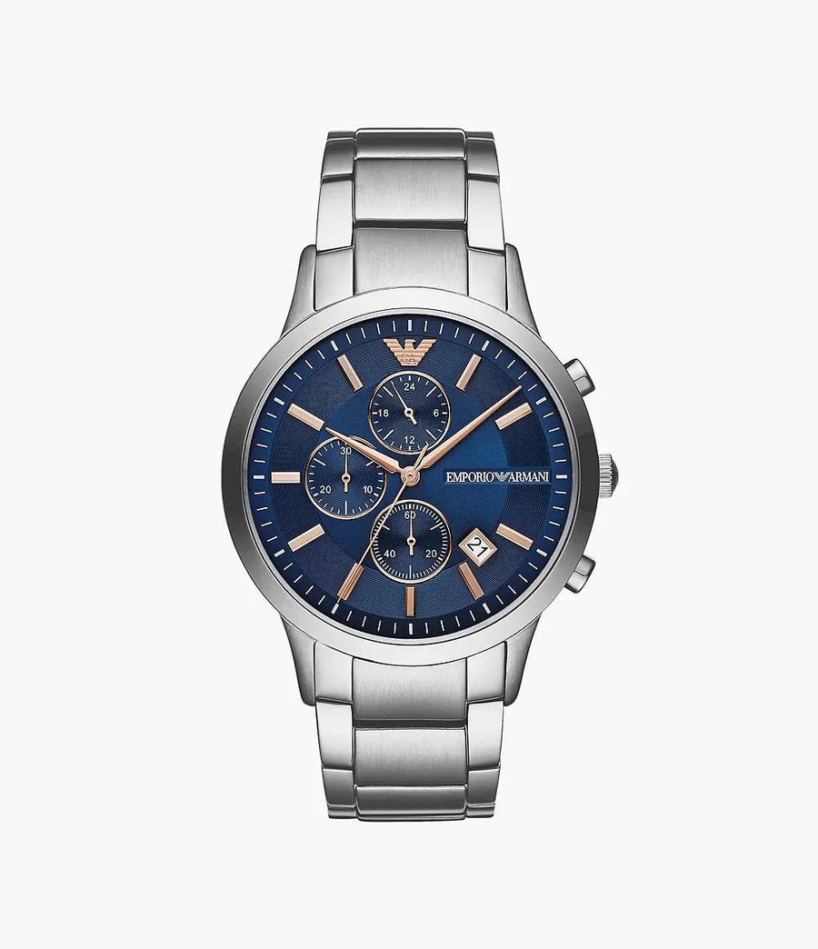 Emporio Armani Mens Ar11458 Rose Gold Tone Stainless Steel And Blue Leather Watch