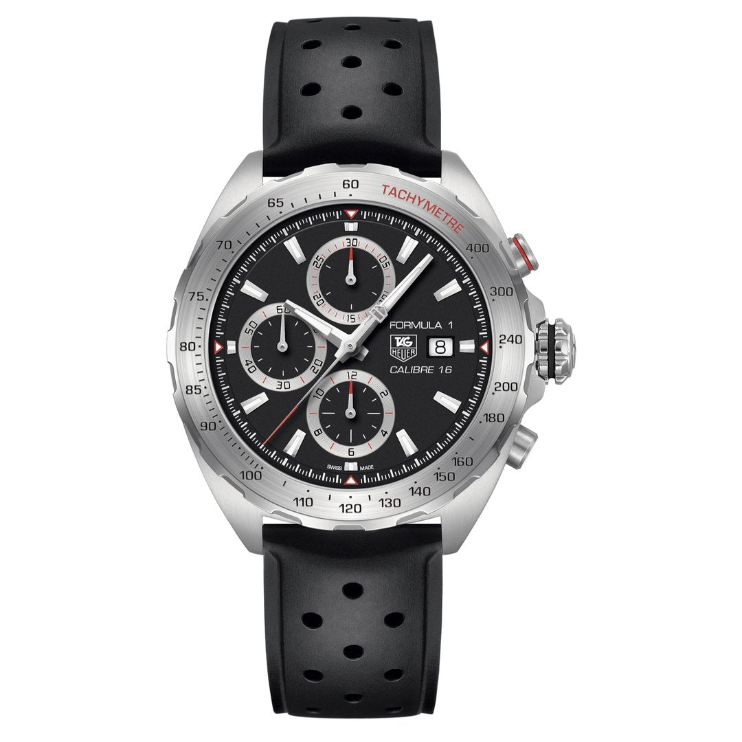 Tag Heuer Formula 1 Chronograph 43mm Automatic Mens Watch Stainless Steel Case With Black Rubber Strap Black Dial