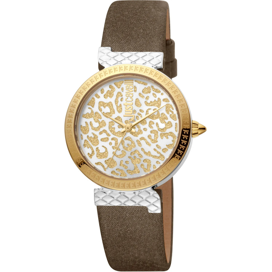 Just Cavalli Vibrazioni Leather Brown Yellow Gold Leopard Glitter
