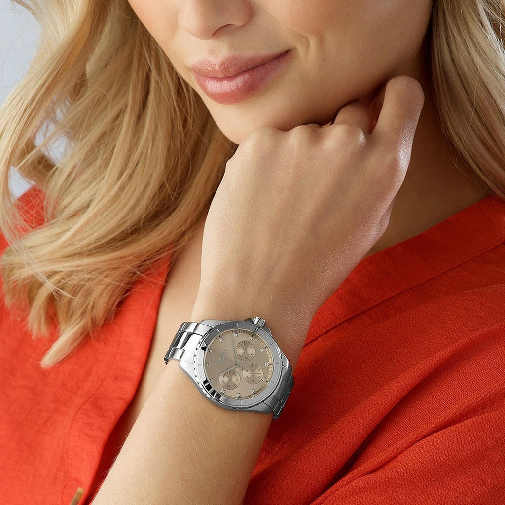 Hugo Boss Womens 1502444 Premiere Silver Tone Stainless Steel Watch With Rose Gold Di