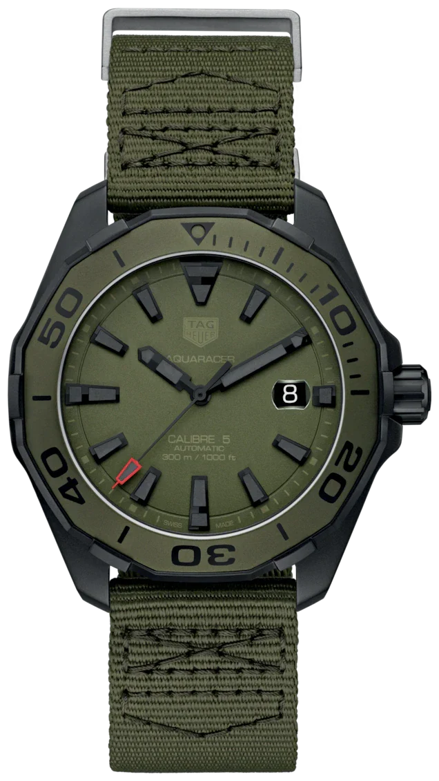 Tag Heuer Aquaracer Automatic Green Dial Khakhi Green Nylon Strap Watch For Men Way208e Fc8222