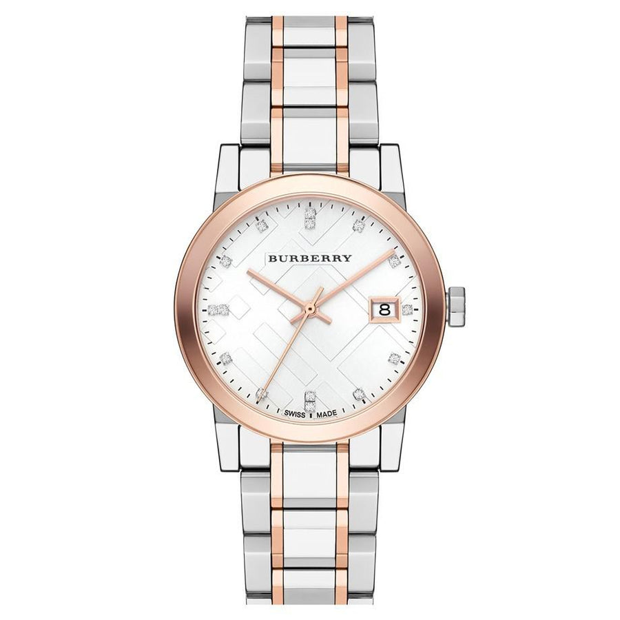 Burberry Ladies Watch Diamond Check Stamped Two Tone Bu9127
