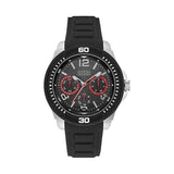 Guess Watches Guess Gents Silver Watch Black Multifunctional Dial And Black Silicone Strap W0967g1