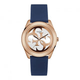 Guess Watches Guess Ladies Rose Gold Watch White Logo Dial And Blue Silicone Strap W0911l6