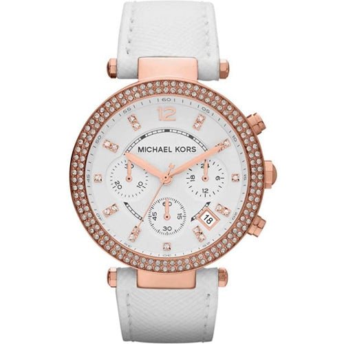 Michael Kors Mk2281 Ladies Parker Rose Gold White Leather Chronograph Watch